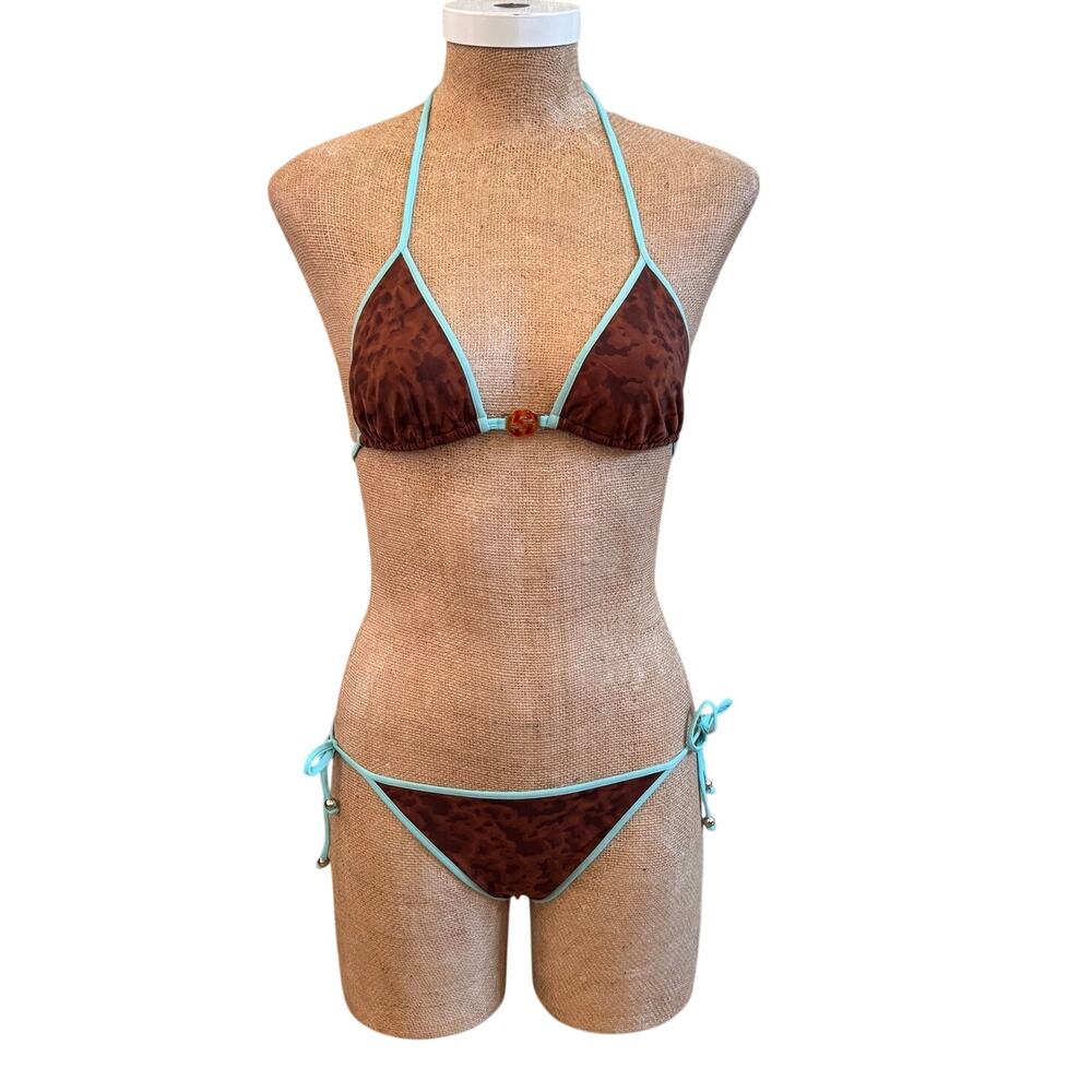 Gucci Triangle Top Brown Turquoise String Bikini Swim Bathing Suit Luxury Small